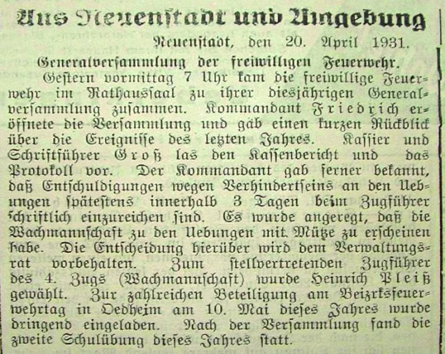 Bericht der Generalversammlung vom 20.04.1931