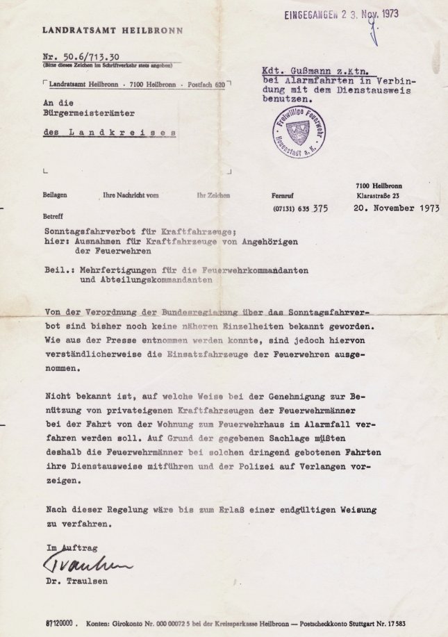 Ausnamegenemigung zum Sonntagsfahrverbot 1973 des Landratsamtes Heilbronn.